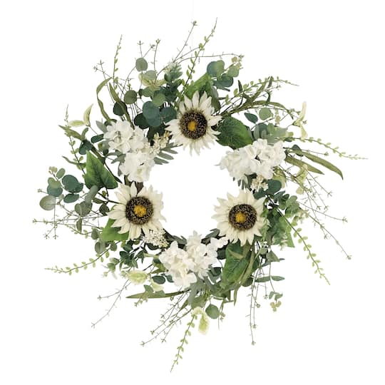 24&#x22; White &#x26; Green Sunflower &#x26; Hydrangea Floral Spring Wreath